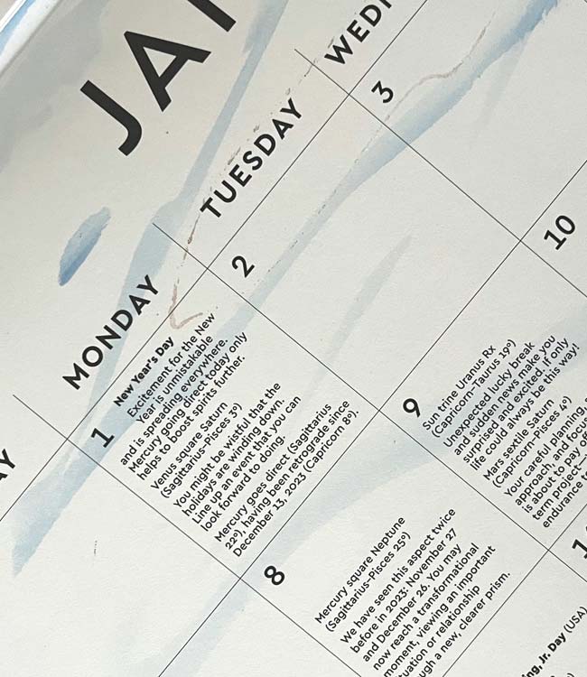 Diagonal View of January Calendar Showing Monday and Tuesday