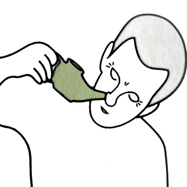 Illustration of a Man Using Neti Pot Grimacing Because the Salt Solution Won't Flow Through His Nose