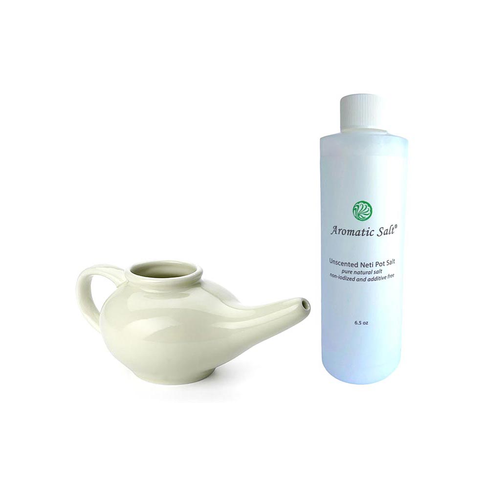 Neti Pot Started Kit Showing a Ceramic Neti Pot and Unscented Pure Natural Salt on a White Background